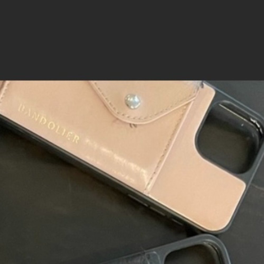 Bandolier leather iPhone 12 muted pink case w/pocket for wallet, strap.